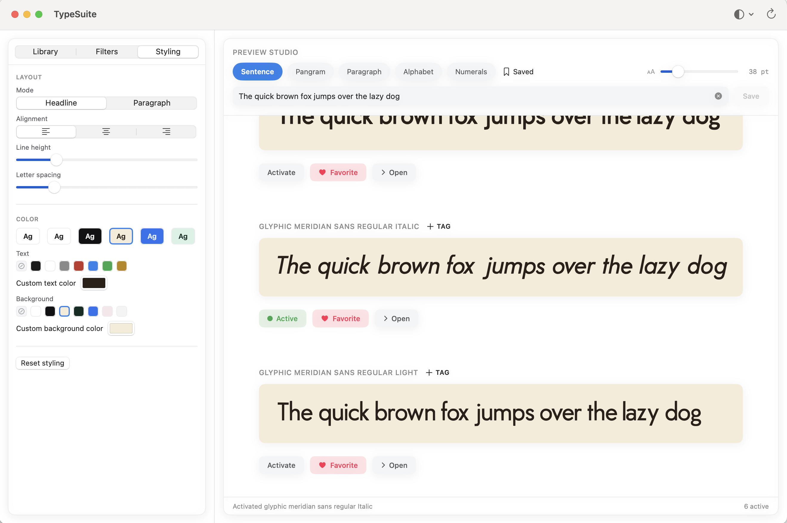 TypeSuite showing a font library with live previews, collections in the sidebar, and a specimen page